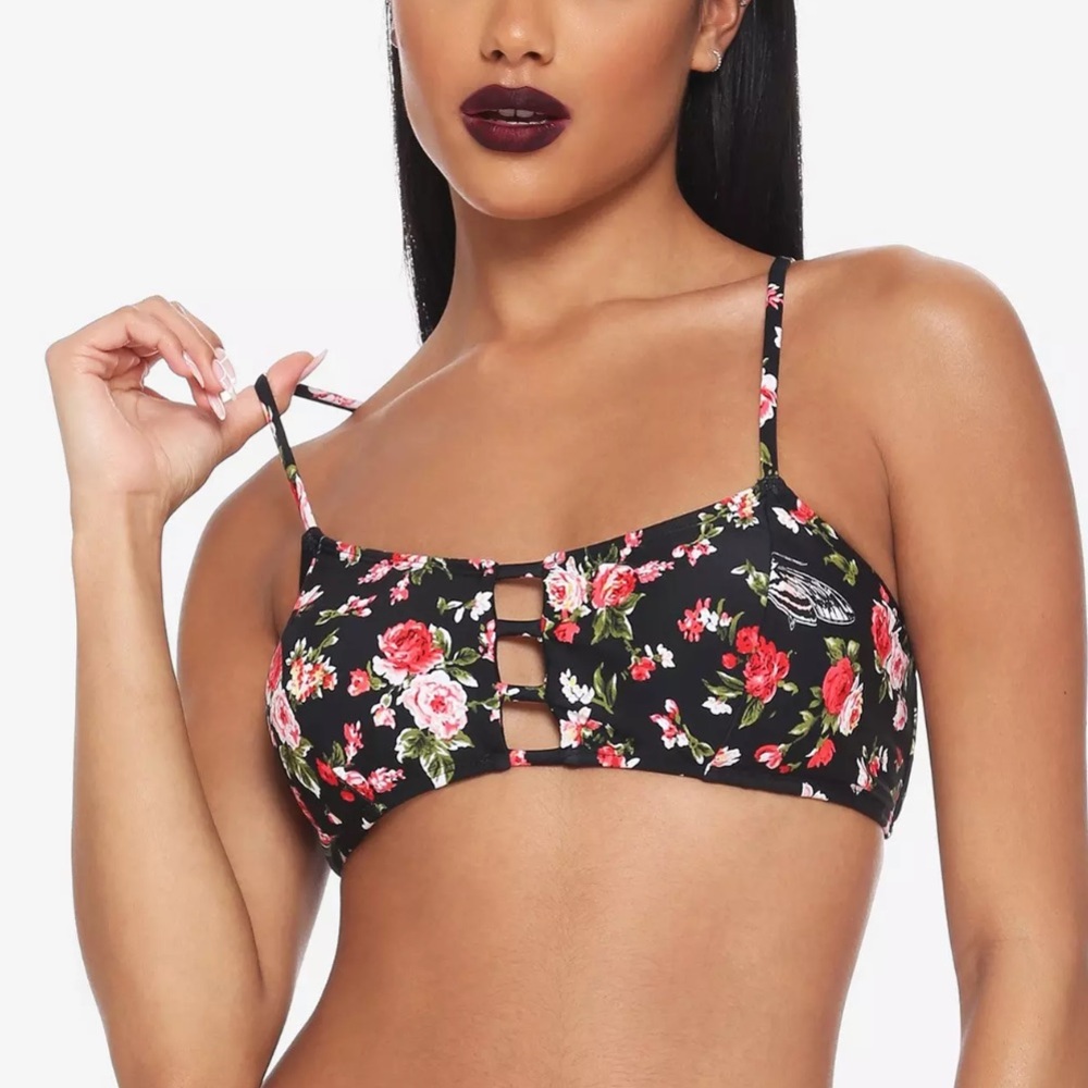 Hot Topic Death Moth Rose Floral Strappy Bikini Swim Top Size Large